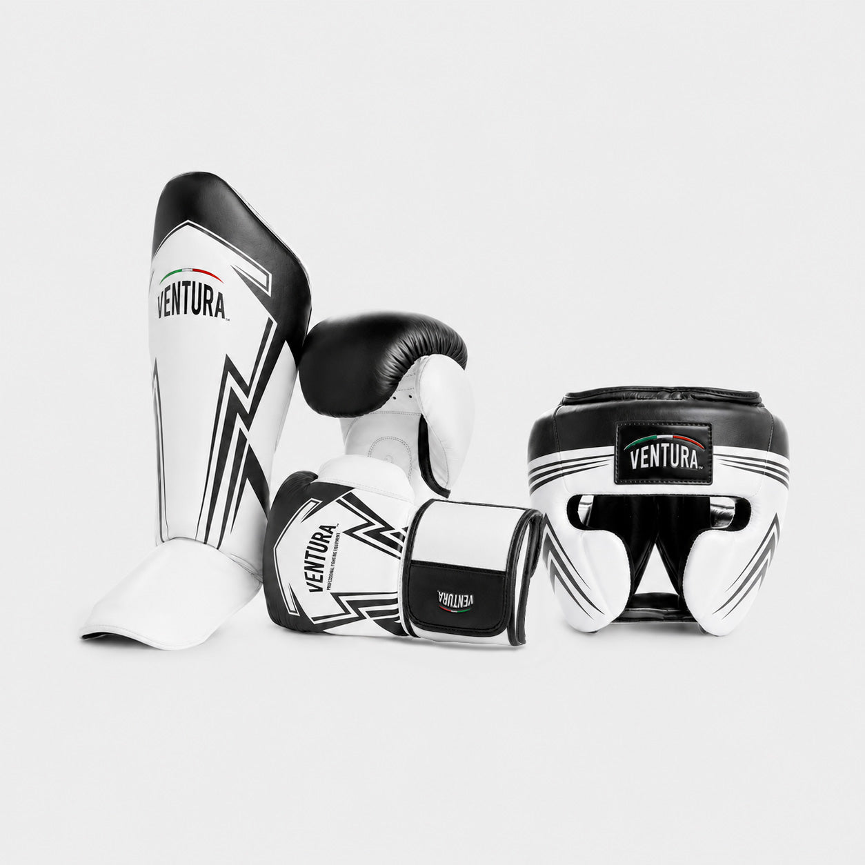 Genuine leather boxing gloves, headgear and shin guards for Muay Thai and kickboxing - arrow, black/white