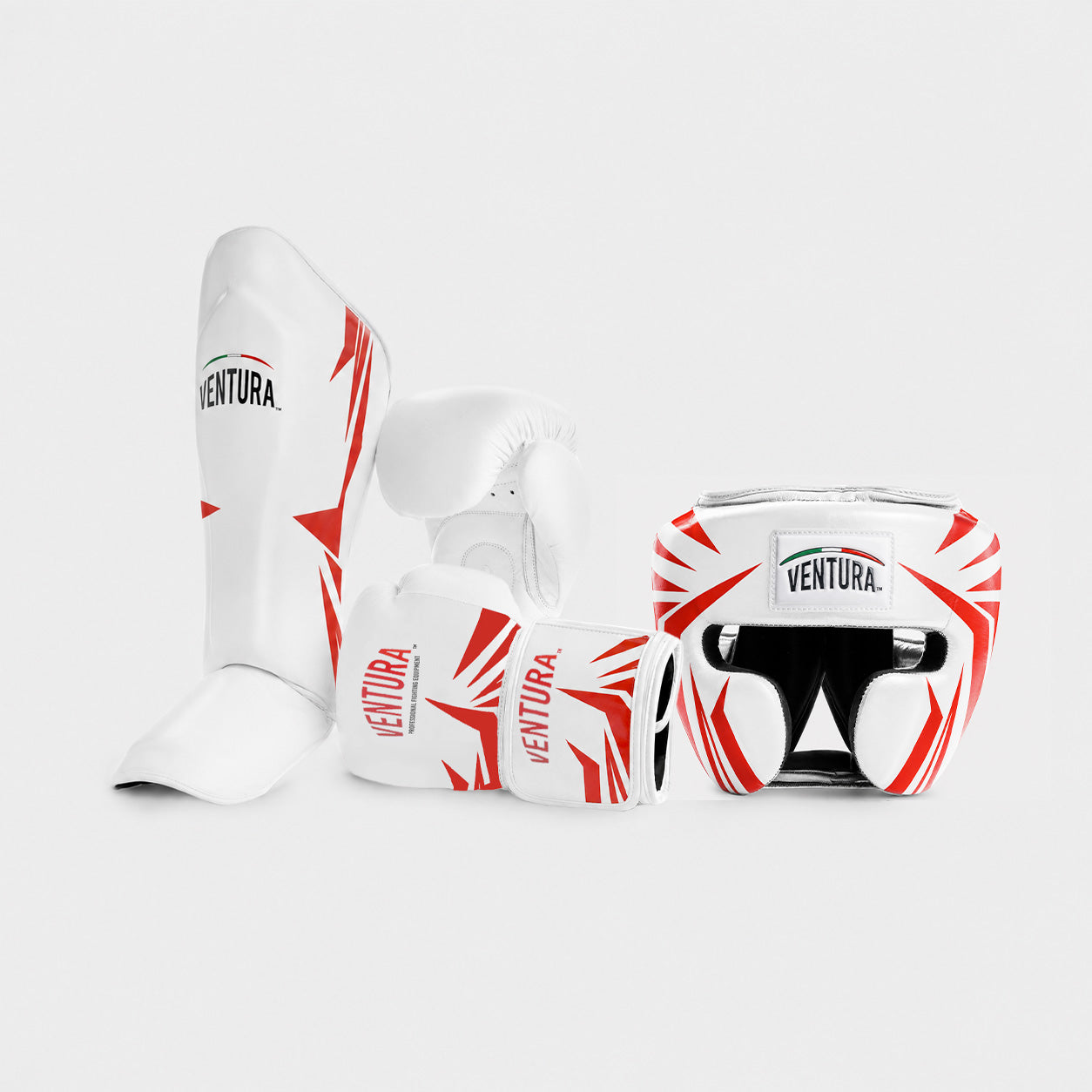 Genuine leather boxing gloves, headgear and shin guards for Muay Thai and kickboxing - arrow, white/red