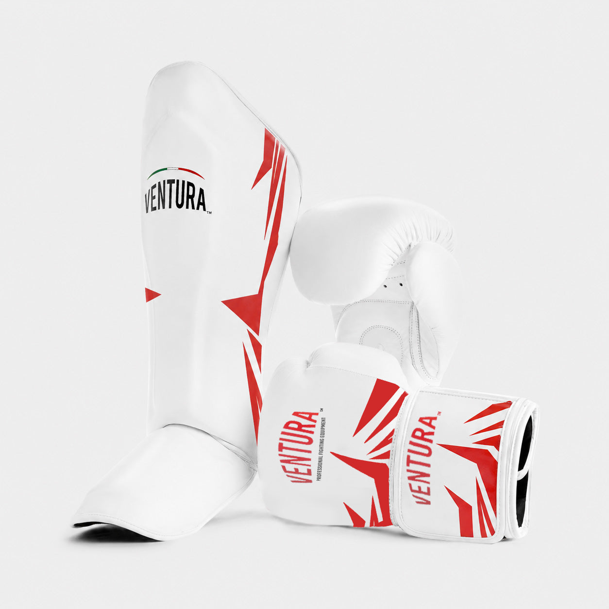 Genuine leather boxing gloves and shin guards for Muay Thai and kickboxing - spikes, white/red